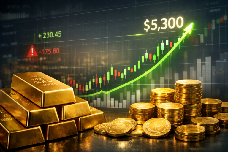 Chart for the Gold Market Analysis at $5,300, showing the 2026 price spike, the blow-off phase, and the new support level.