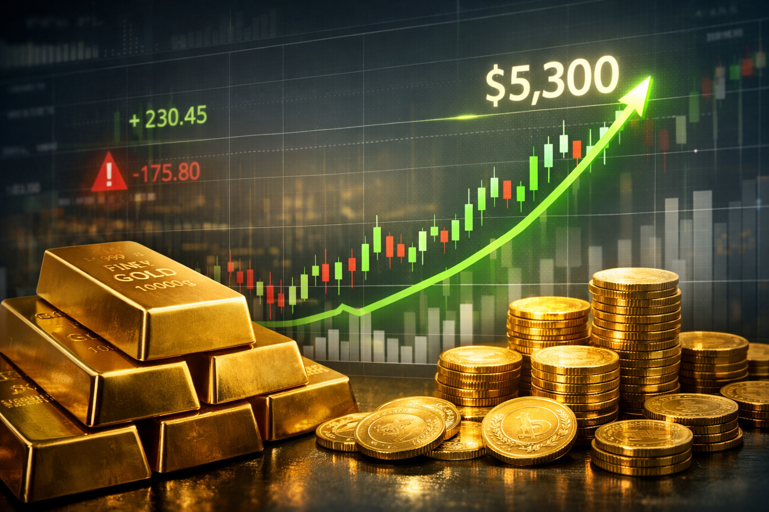 Chart for the Gold Market Analysis at $5,300, showing the 2026 price spike, the blow-off phase, and the new support level.