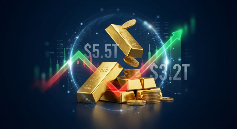 Stacked gold bars and coins with a V-shaped digital chart showing $5.5 trillion market cap swing, illustrating historical volatility and global liquidity analysis.