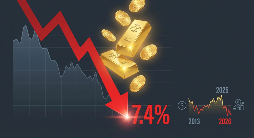 Gold prices drop by 7.4% with a red arrow indicating the decline, featuring gold bars and coins over a financial chart background