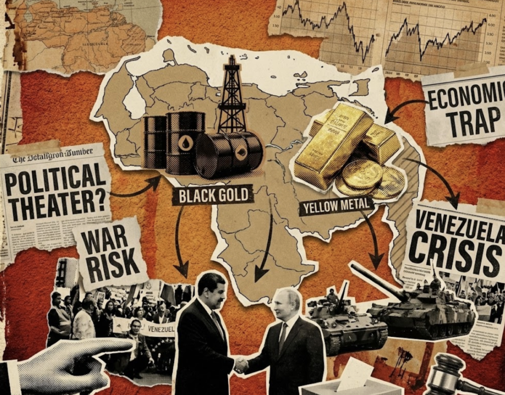 A political collage illustration depicting the Venezuela crisis, featuring a map, oil barrels labeled "Black Gold," gold bars, Nicolás Maduro shaking hands with Vladimir Putin, and military tanks amidst newspaper headlines about war and economic traps.