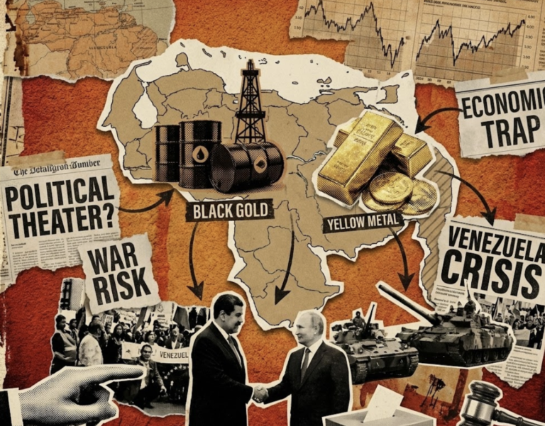 A political collage illustration depicting the Venezuela crisis, featuring a map, oil barrels labeled "Black Gold," gold bars, Nicolás Maduro shaking hands with Vladimir Putin, and military tanks amidst newspaper headlines about war and economic traps.