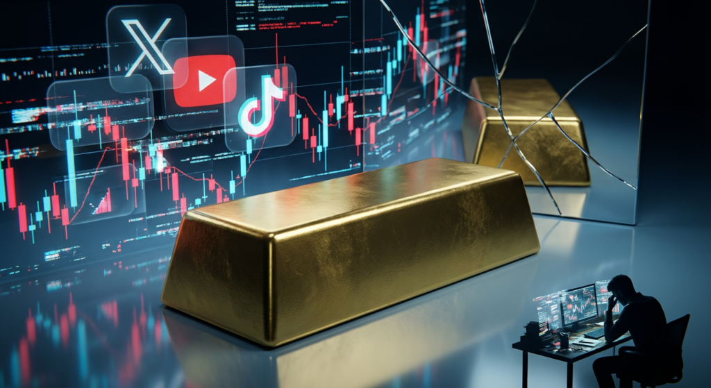 A photorealistic gold bar stands solid and centered against a dark, chaotic background of abstract digital charts and glitch effects, symbolizing stability amid information chaos.