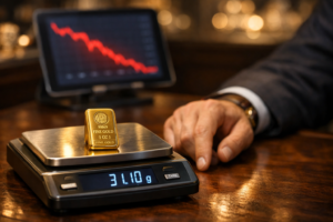 Digital jewelers scale showing a 31.10 g gold ingot in a jewelry shop with a blurred background tablet displaying price fluctuations