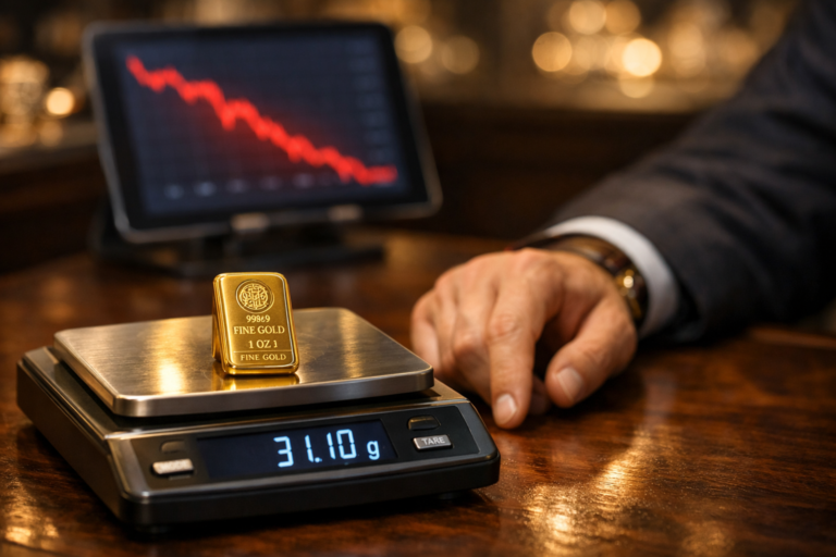 Digital jewelers scale showing a 31.10 g gold ingot in a jewelry shop with a blurred background tablet displaying price fluctuations