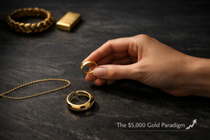 A high-angle artistic photograph showing an elegant woman's hand holding a minimalist 18k gold ring with a thin chain bracelet and hollow gold earring, set against a dark matte background with soft dramatic side lighting and slightly out-of-focus gold investment pieces in the background