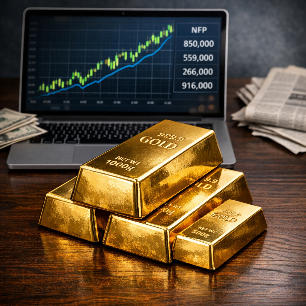 Premium gold bars with U.S. employment data on computer screen showing labor market indicators impact on precious metals prices