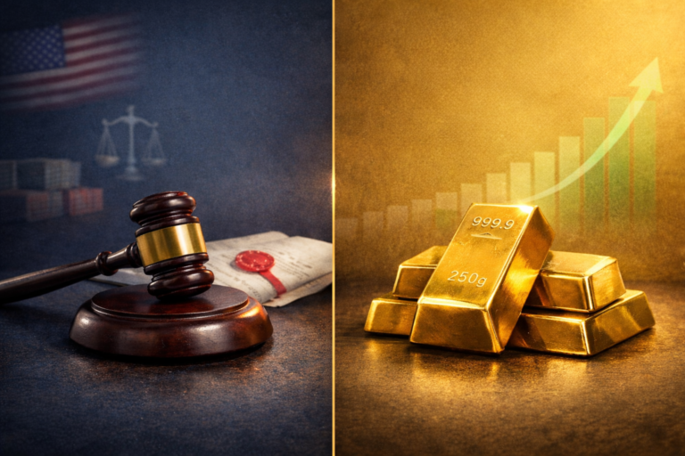 Wooden judge gavel beside shiny gold bullion bars representing the relationship between the U.S. Supreme Court tariff ruling and rising gold prices