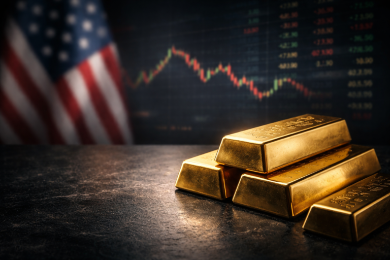 Gold bars placed on a dark marble surface with a blurred American-colored backdrop and a financial trading screen reflecting market volatility