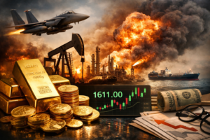 Dramatic scene combining stacked gold bars and coins in front of a 1611.00 price screen with a burning refinery, fighter jet, and oil tanker in the background