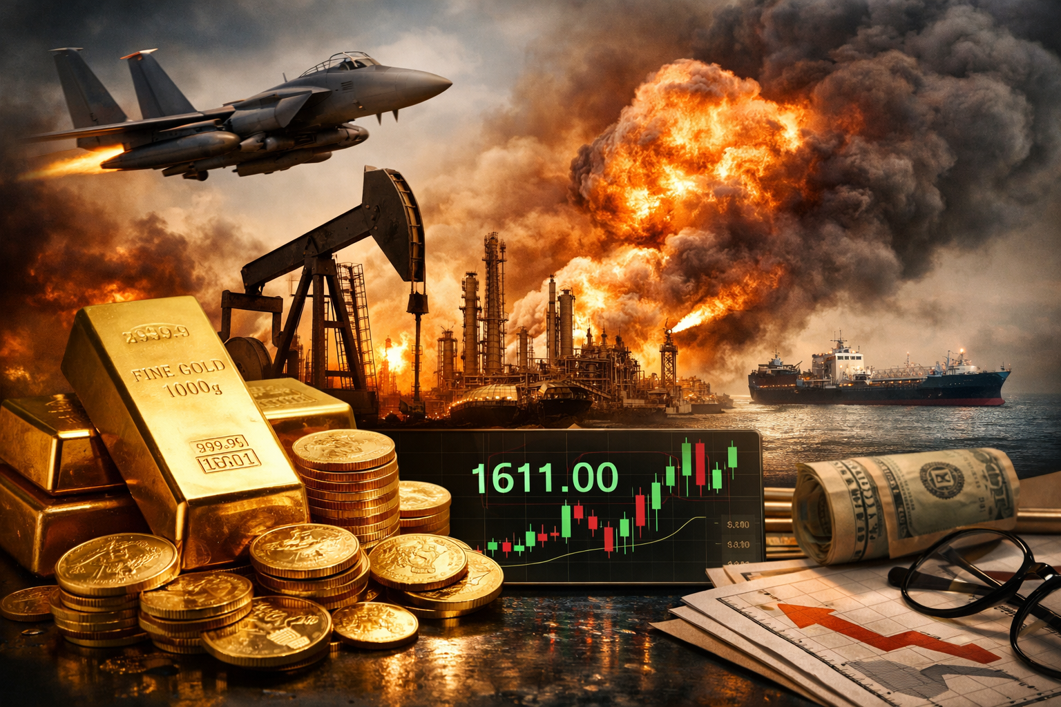 Dramatic scene combining stacked gold bars and coins in front of a 1611.00 price screen with a burning refinery, fighter jet, and oil tanker in the background