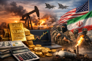 Gold bars marked 5200 beside stacked cash and calculator in the foreground, trading screen showing sharp upward trend, oil facilities burning at sunset, military jets overhead, and armed soldiers positioned before US and Iran flags, illustrating geopolitical tension driving gold surge