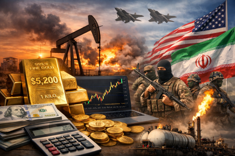 Gold bars marked 5200 beside stacked cash and calculator in the foreground, trading screen showing sharp upward trend, oil facilities burning at sunset, military jets overhead, and armed soldiers positioned before US and Iran flags, illustrating geopolitical tension driving gold surge