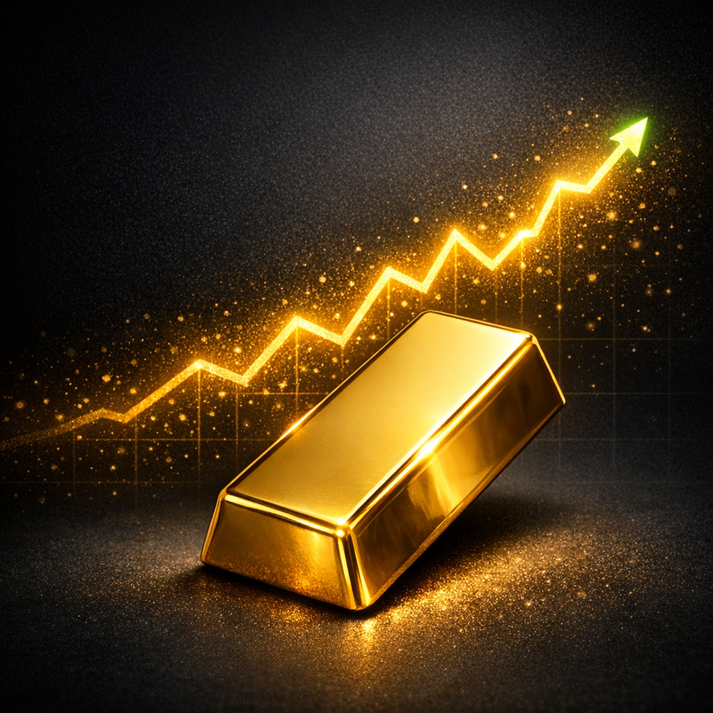 Shiny gold bar placed at an angle on a dark gradient background with a rising golden chart line symbolizing price increase
