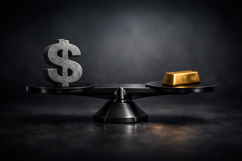 A modern balanced financial scale with a gold bar on one side and a concrete dollar symbol on the other, symbolizing balance and correction in the global gold market