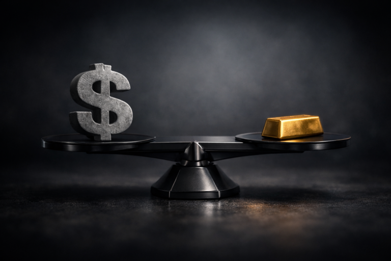 A modern balanced financial scale with a gold bar on one side and a concrete dollar symbol on the other, symbolizing balance and correction in the global gold market