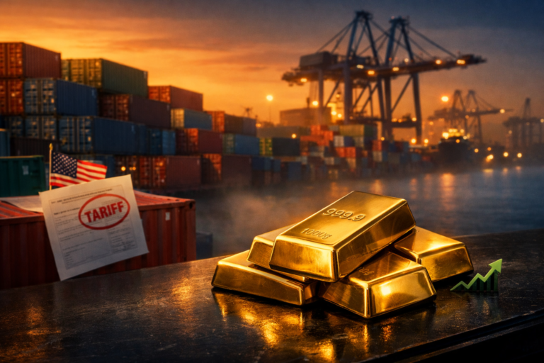 U.S. tariffs impact on gold prices illustrated with gold bars and shipping containers in background