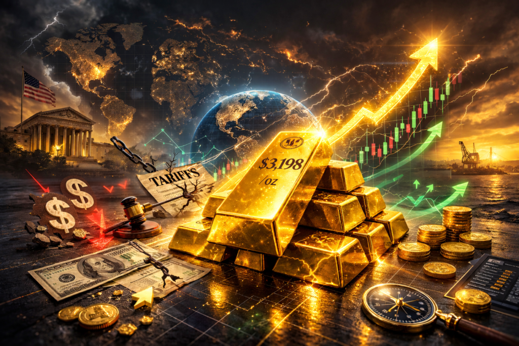 Gold bars stacked in foreground with 3,198 and 2% displayed as a rising chart and upward arrow dominate a dark global financial backdrop