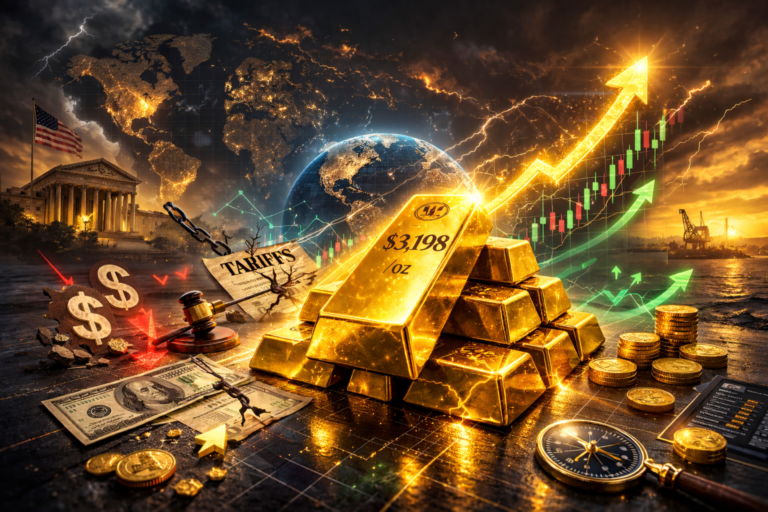 Gold bars stacked in foreground with 3,198 and 2% displayed as a rising chart and upward arrow dominate a dark global financial backdrop