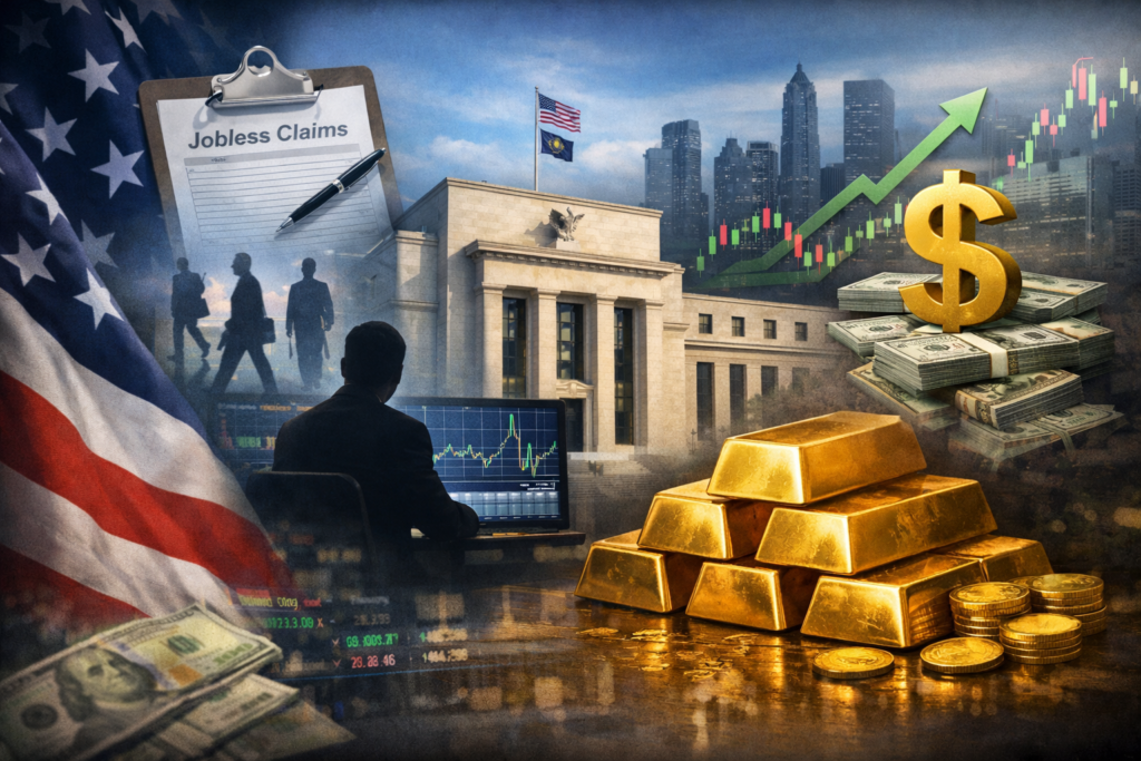 Composite financial illustration showing gold bars in front of the Federal Reserve building with the U.S. flag and market charts symbolizing the impact of U.S. labor data on gold prices