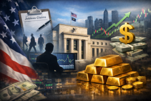 Composite financial illustration showing gold bars in front of the Federal Reserve building with the U.S. flag and market charts symbolizing the impact of U.S. labor data on gold prices