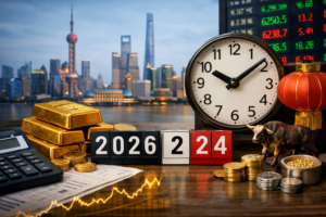 Analytical image of the Chinese gold market showing gold bars in front of Shanghai skyline with a clock indicating trading time and numbers 2026 2 24 symbolizing market reopening after extended holiday