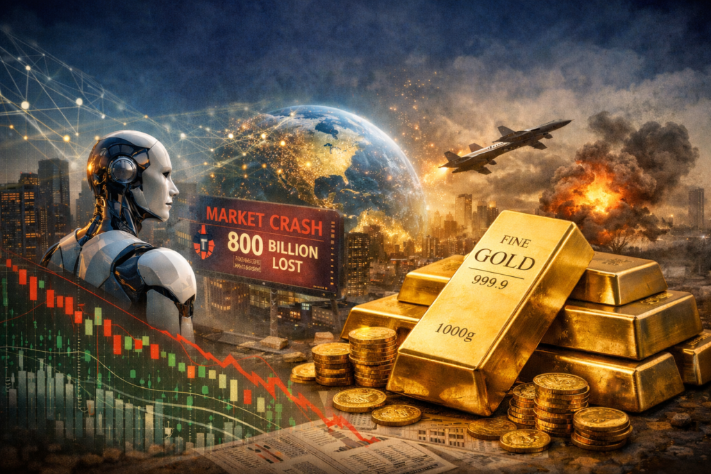 A futuristic scene showing a humanoid robot facing stacked gold bars and coins, with a glowing interconnected globe in the background, declining stock charts, and distant explosions symbolizing economic instability and geopolitical tension