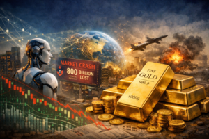 A futuristic scene showing a humanoid robot facing stacked gold bars and coins, with a glowing interconnected globe in the background, declining stock charts, and distant explosions symbolizing economic instability and geopolitical tension