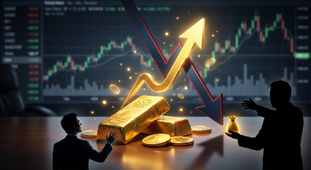Dramatic image of gold bars flying around rising gold charts, with one person trying to reach the gold and another holding a bag of gold, illustrating a Pull Trap in the market