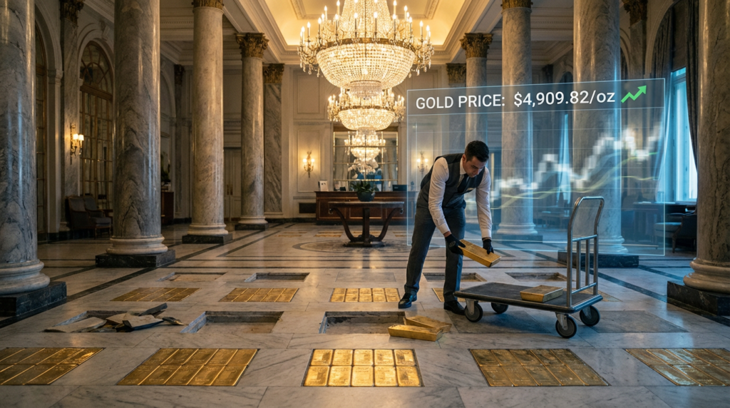 The "Golden Pathway" at the Grand Emperor Hotel in Macau, featuring a floor made of 79 solid gold bars, symbolizing luxury.
