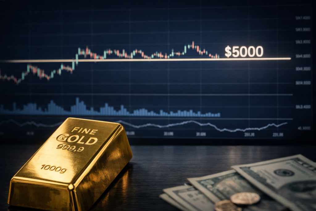 A 1-kilogram gold bar in the foreground with a financial trading screen showing a sideways gold price chart and a highlighted $5000 level in the background, subtle US dollar elements