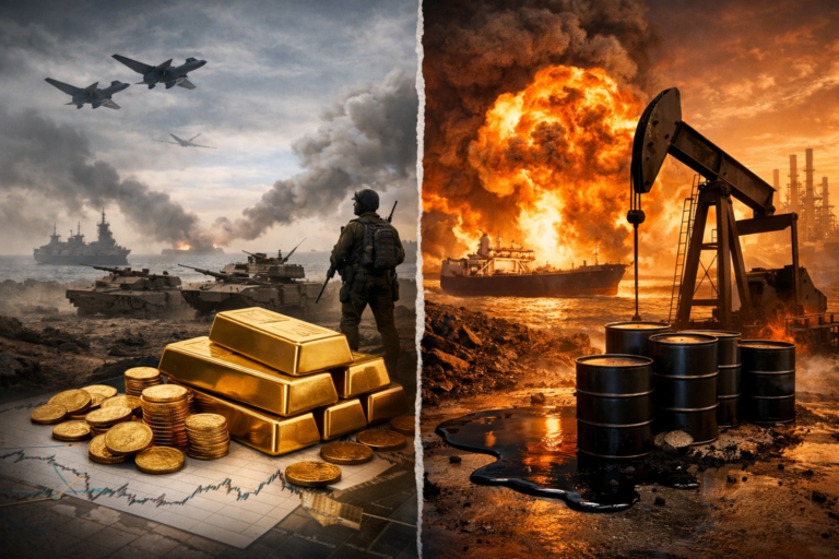Conceptual scene showing gold bars in a tense military environment on one side and oil infrastructure with a large explosion at sea on the other, illustrating how geopolitical tensions and wars affect gold and oil markets