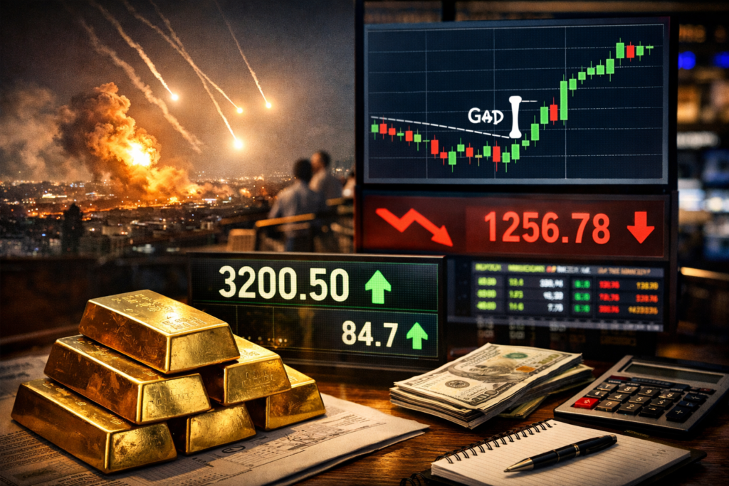 Night scene combining a military strike in the background with financial trading screens showing 3200.50 and 1256.78 alongside gold bars in the foreground