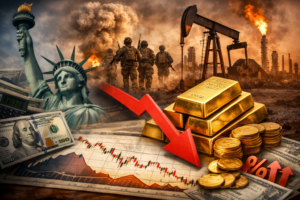 Gold bars placed in front of a financial trading screen showing market charts and a rising US dollar index with a subtle Middle East map in the background representing geopolitical tensions affecting gold prices