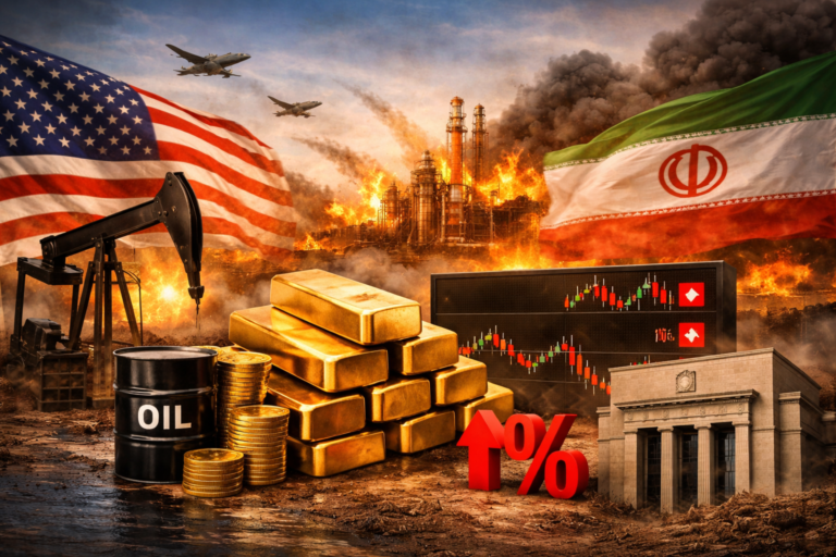 A visual scene reflecting escalating tensions between the United States and Iran with a fire at an oil facility and a smoke-filled background while gold bars and an oil pump appear in the foreground signaling the war's impact on markets