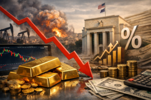 A realistic scene of shiny gold bars placed on a dark trading desk with screens showing falling prices and red chart lines while cold lighting reflects a tense financial atmosphere
