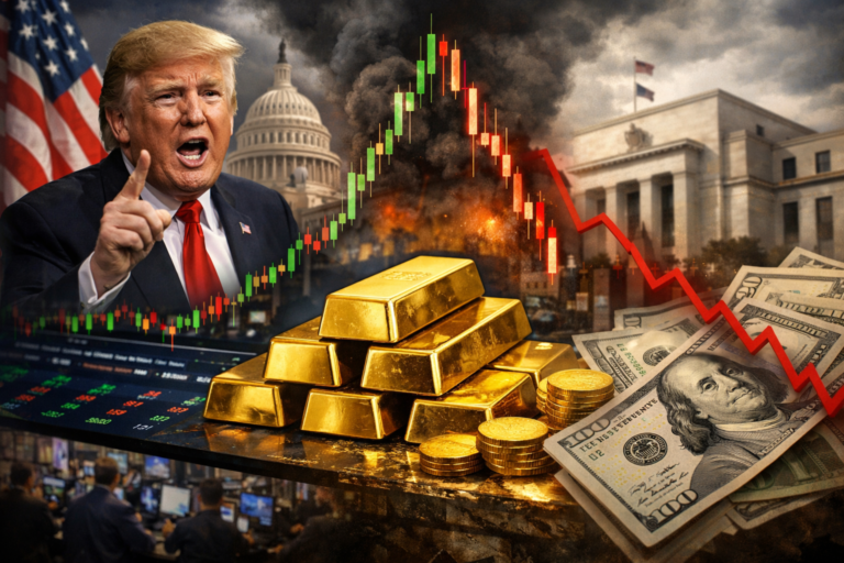 Composite image illustrating gold market volatility with the interplay of politics and liquidity featuring gold bars at the center with a fluctuating financial market background and elements representing the US dollar and political tension