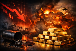 gold bars rising amid falling oil prices and geopolitical tensions visual concept