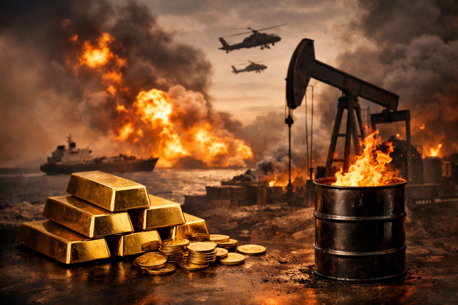 A visual concept depicting the simultaneous rise of gold and oil amid geopolitical tensions and their impact on global markets