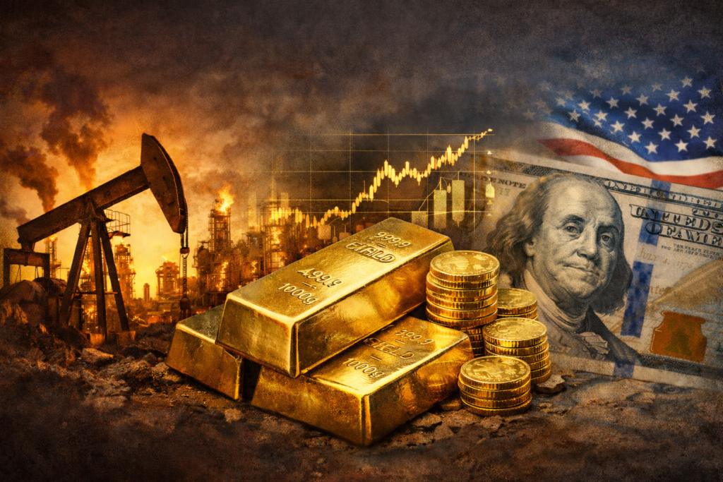 Composite scene featuring an oil pumpjack in a fiery industrial setting, stacked gold bars at the center, and U.S. dollar currency with the American flag in the background, symbolizing the interaction between energy markets, currencies, and gold