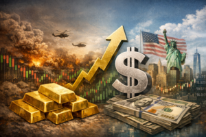 A realistic composite image showing stacked gold bars and a rising golden arrow beside a metallic dollar symbol and bundles of hundred-dollar bills, set against a backdrop of explosions, military helicopters, candlestick charts, the New York skyline, and the Statue of Liberty.