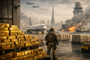 Stacks of gold bars at Dubai airport cargo area beside a grounded aircraft and freight pallets while a soldier stands guard with smoke and burning ships visible in the background during regional tensions