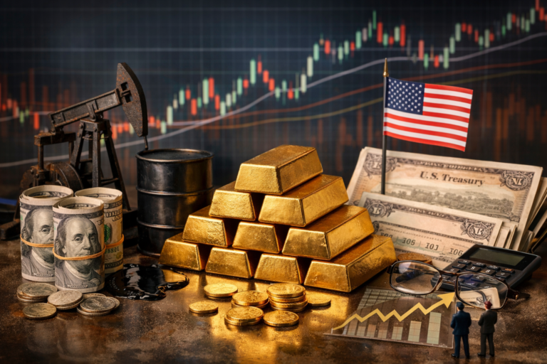 A realistic trading screen displaying a gold chart intertwined with oil, dollar, and bond yield indicators, in a dark environment reflecting complex financial analysis