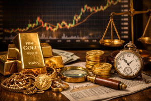 A realistic composition of gold bars, coins, and jewelry placed beside financial documents, a magnifying glass, and a vintage pocket watch, with a market chart glowing in the background