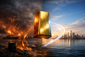 A gold bar suspended between two contrasting scenes one reflecting war tensions and oil the other reflecting market calm after de-escalation