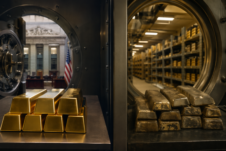 A split vault scene showing modern polished gold bars versus older non-standard gold bars inside a high-security central bank vault