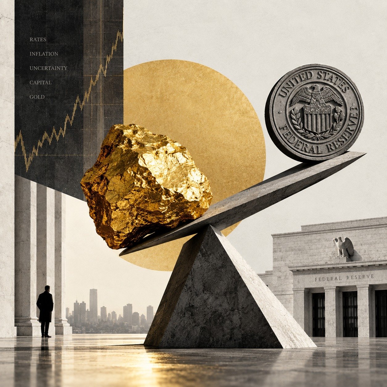Gold nugget balanced against the Federal Reserve, illustrating interest rates and structural gold demand in 2026
