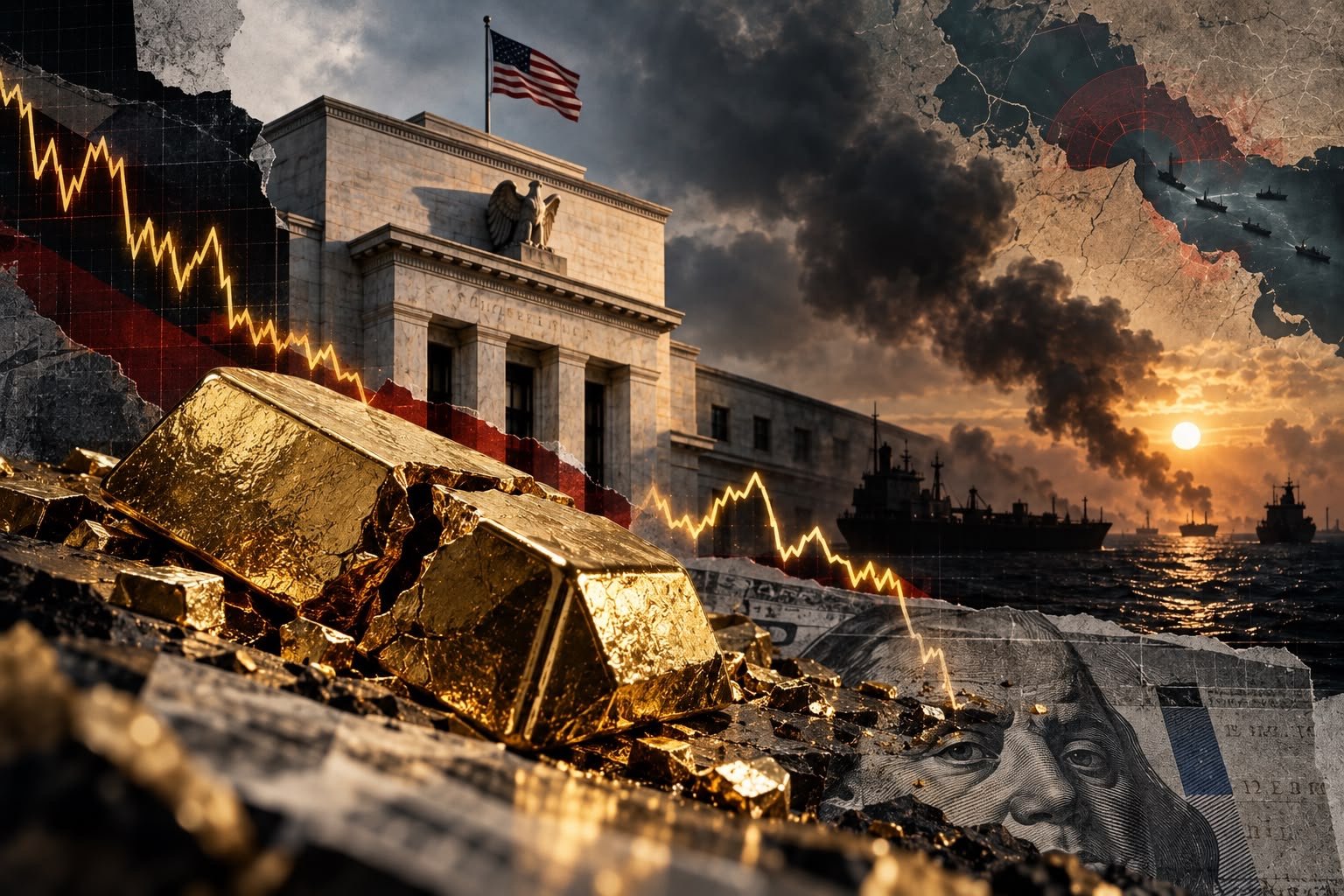 Conceptual collage of gold bars, the Federal Reserve, a dollar banknote and oil shipping.